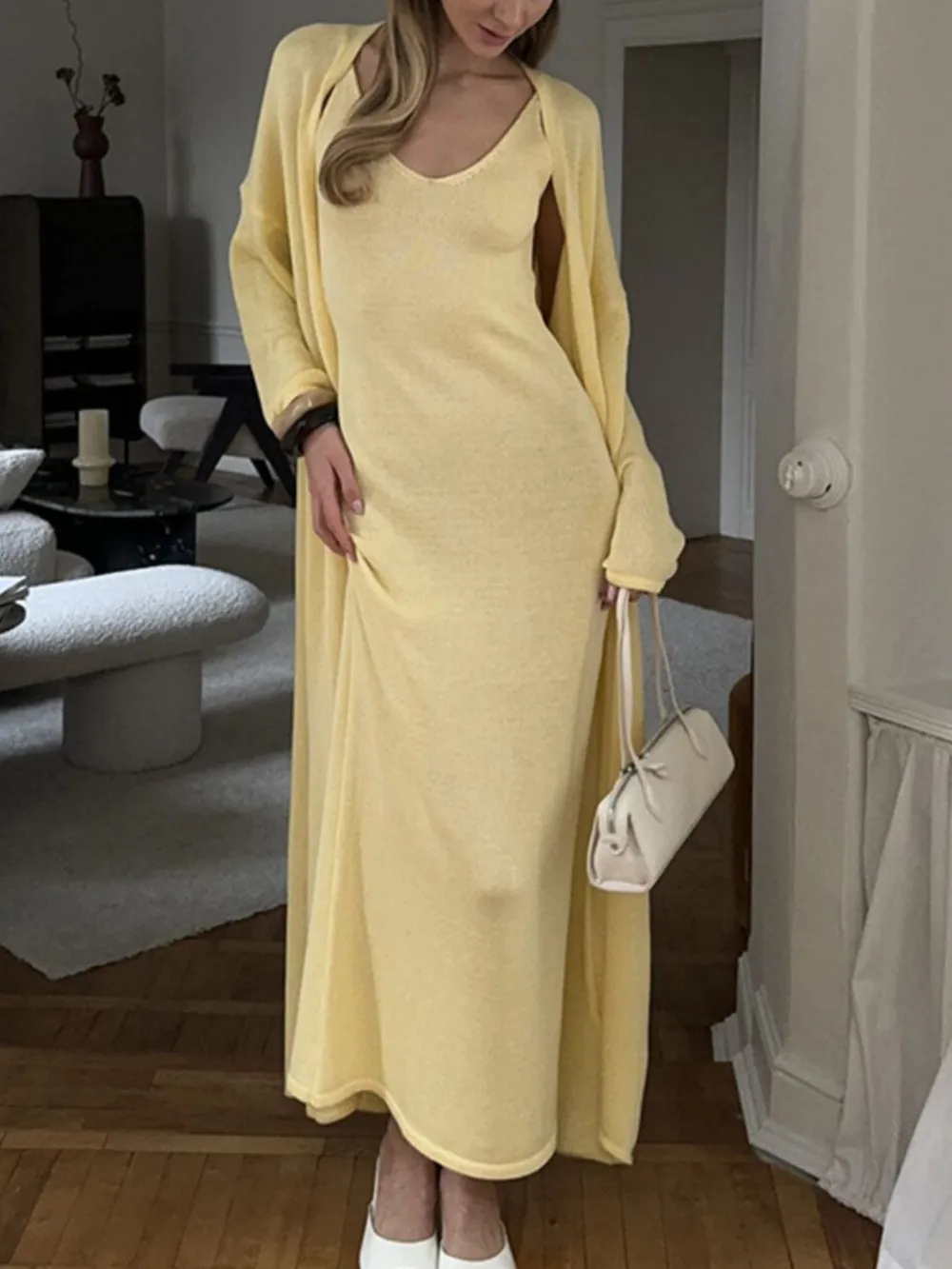 V-Neck Knit Dress and Cardigan Sweater Set, image 3