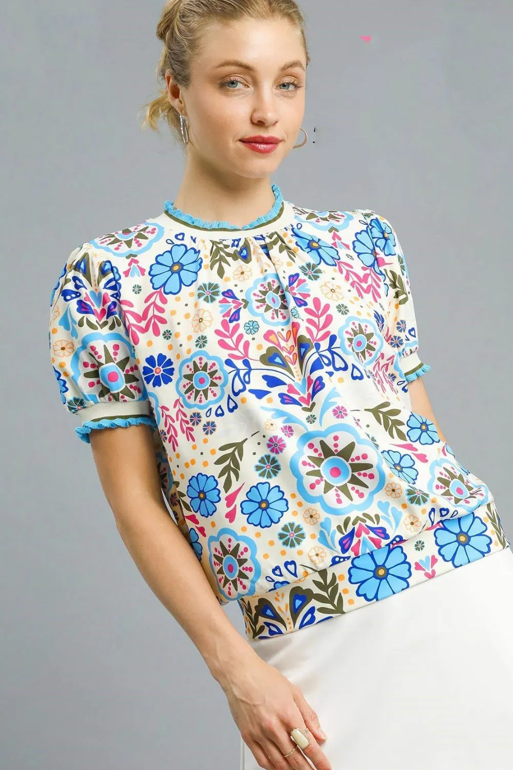Retro Floral Puff Sleeve Top, image 3
