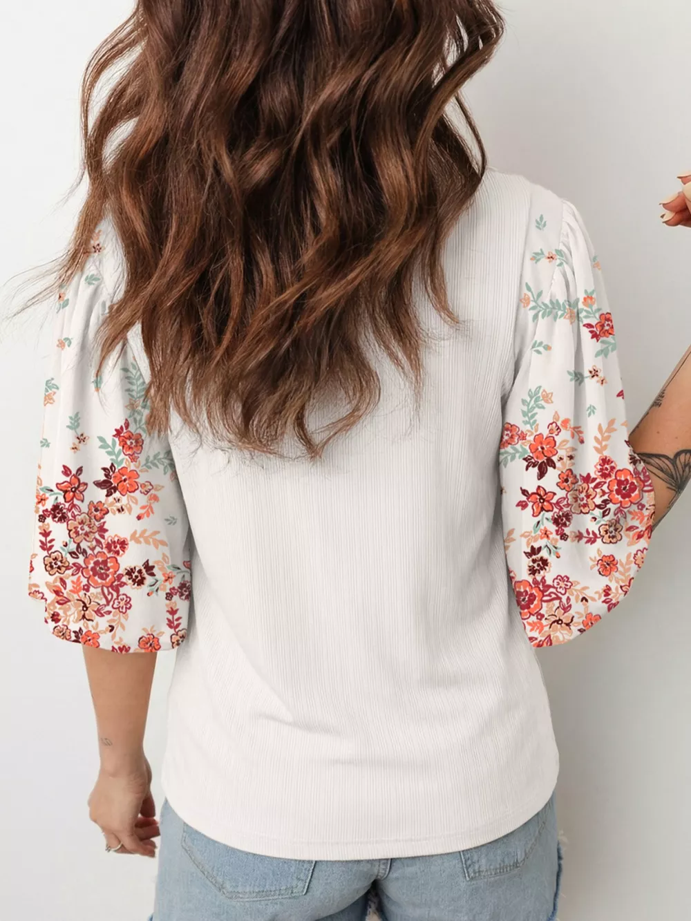 Ribbed Texture Floral Print Half Sleeve Patchwork Top, image 3