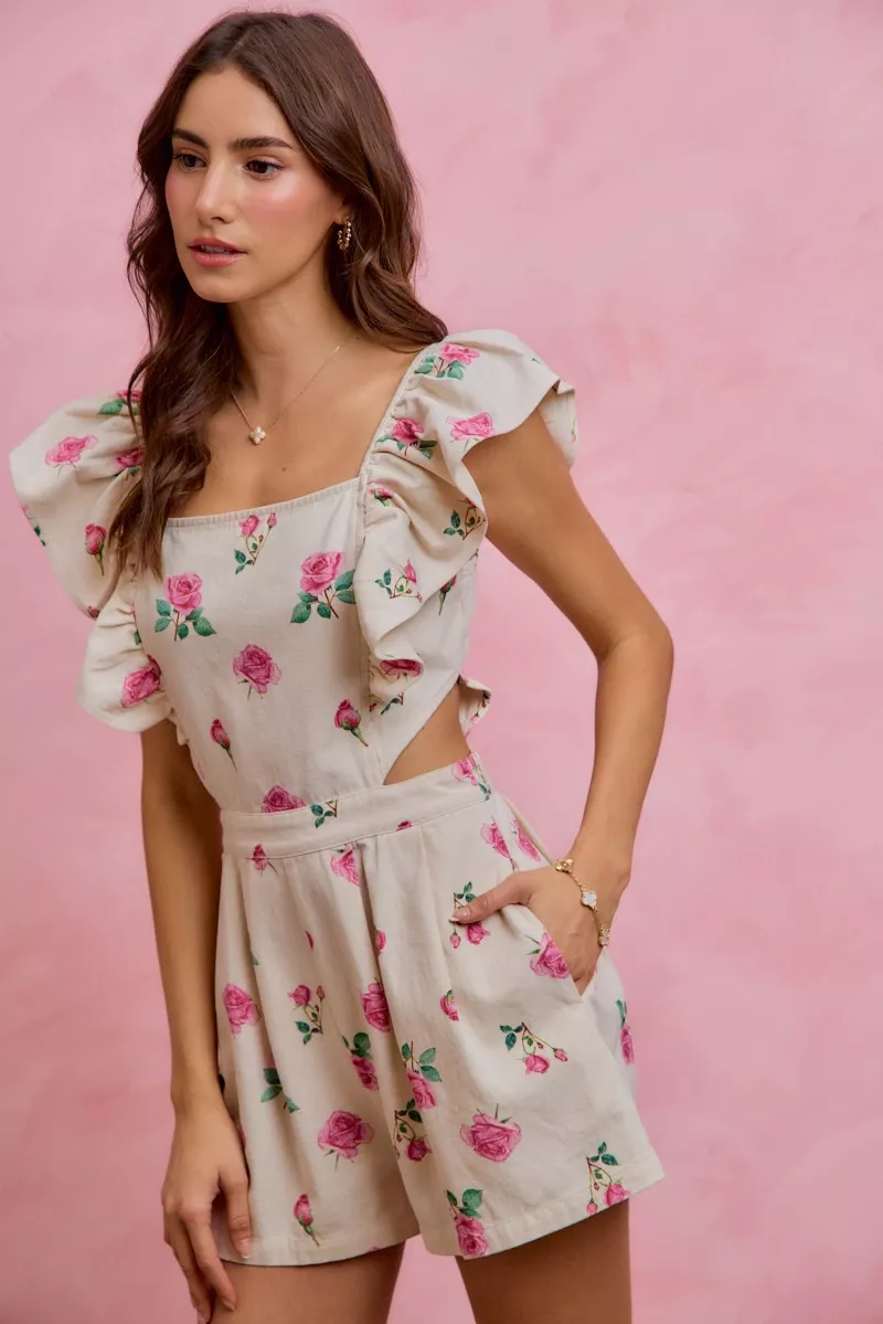 Floral Print Denim Cut Out Waist Ruffled Romper, image 6