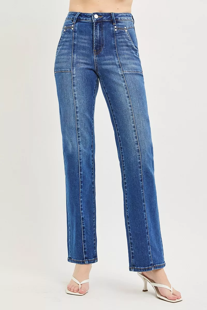 High Rise Straight Patch Pocket Seamed Jeans, image 2