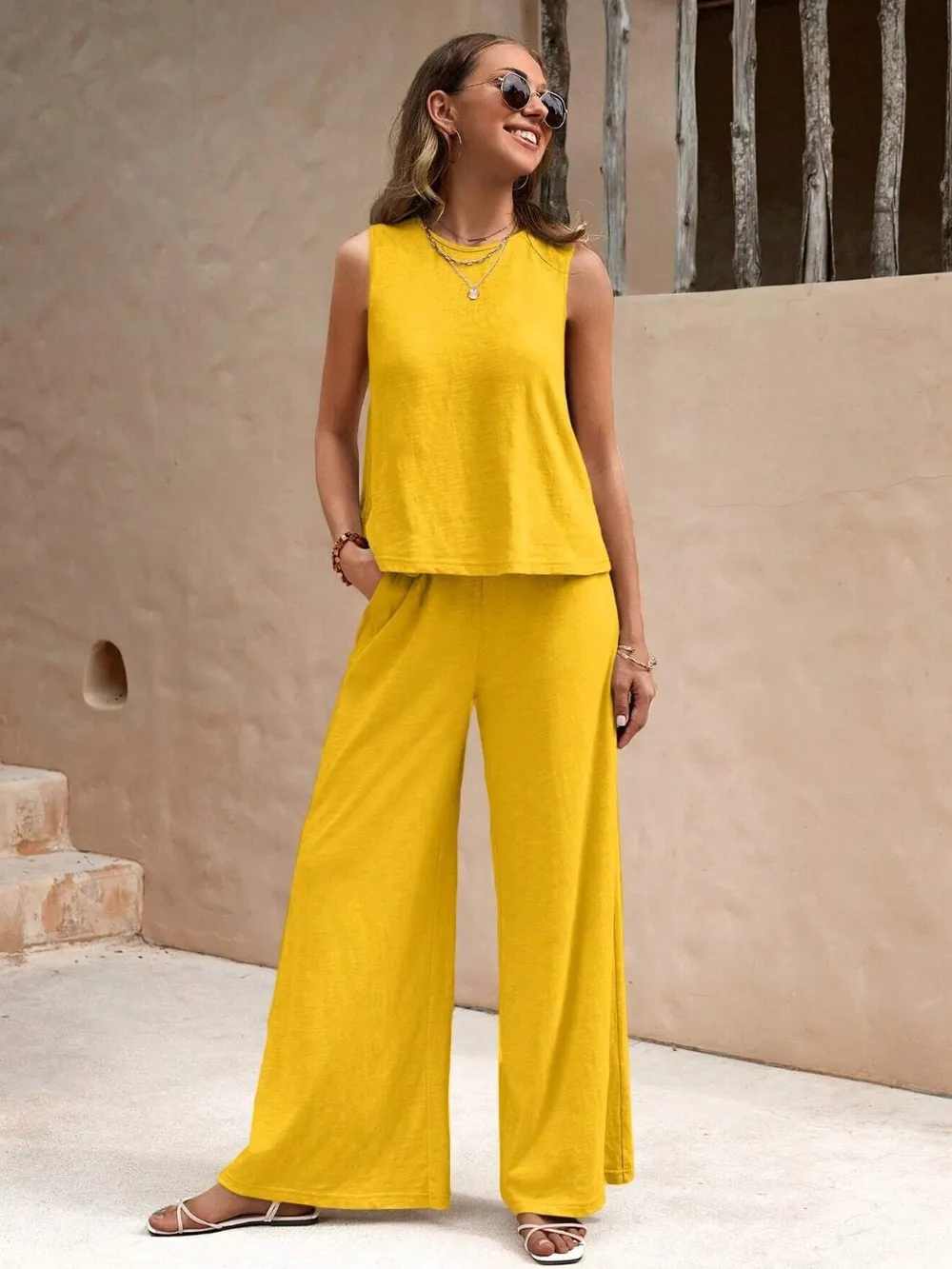 Round Neck Sleeveless Top and Wide Leg Pants Set, image 3