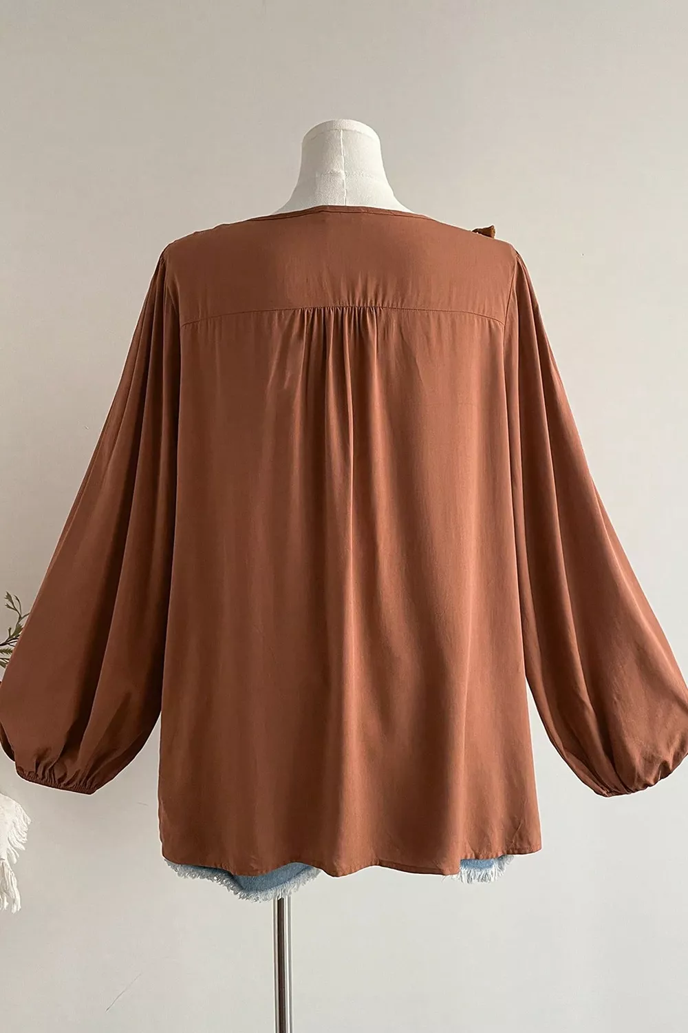 Plus Size V Neck Embroidered Tassel Long Sleeve Blouse, image 4