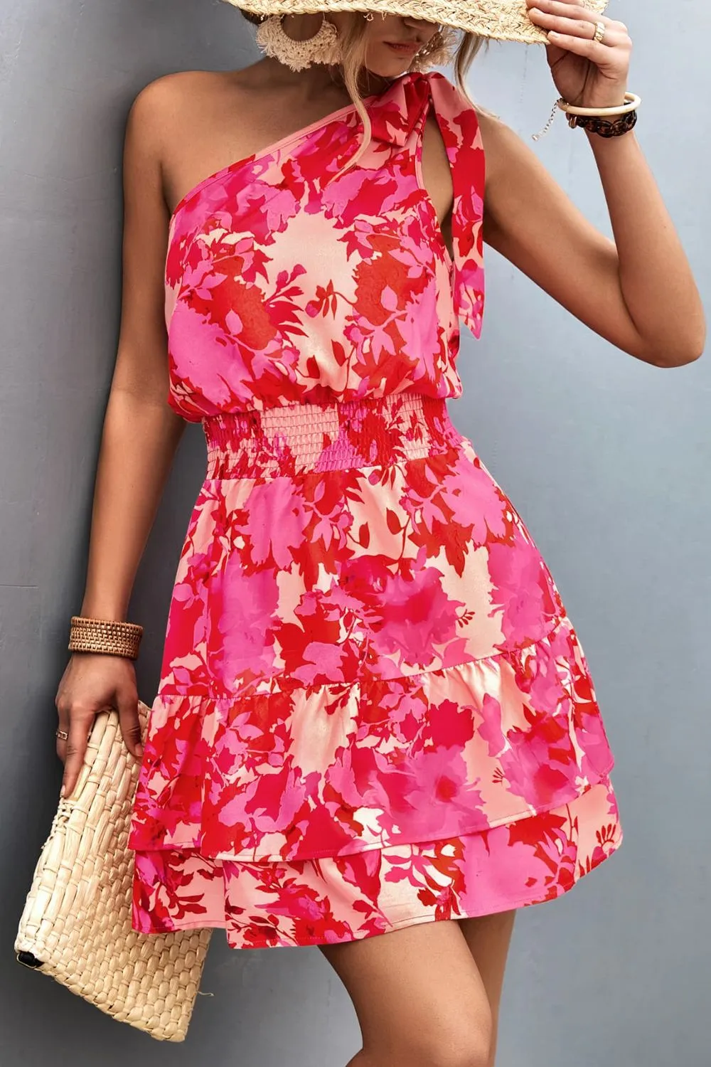 Tied Smocked Printed Single Shoulder Dress, image 2