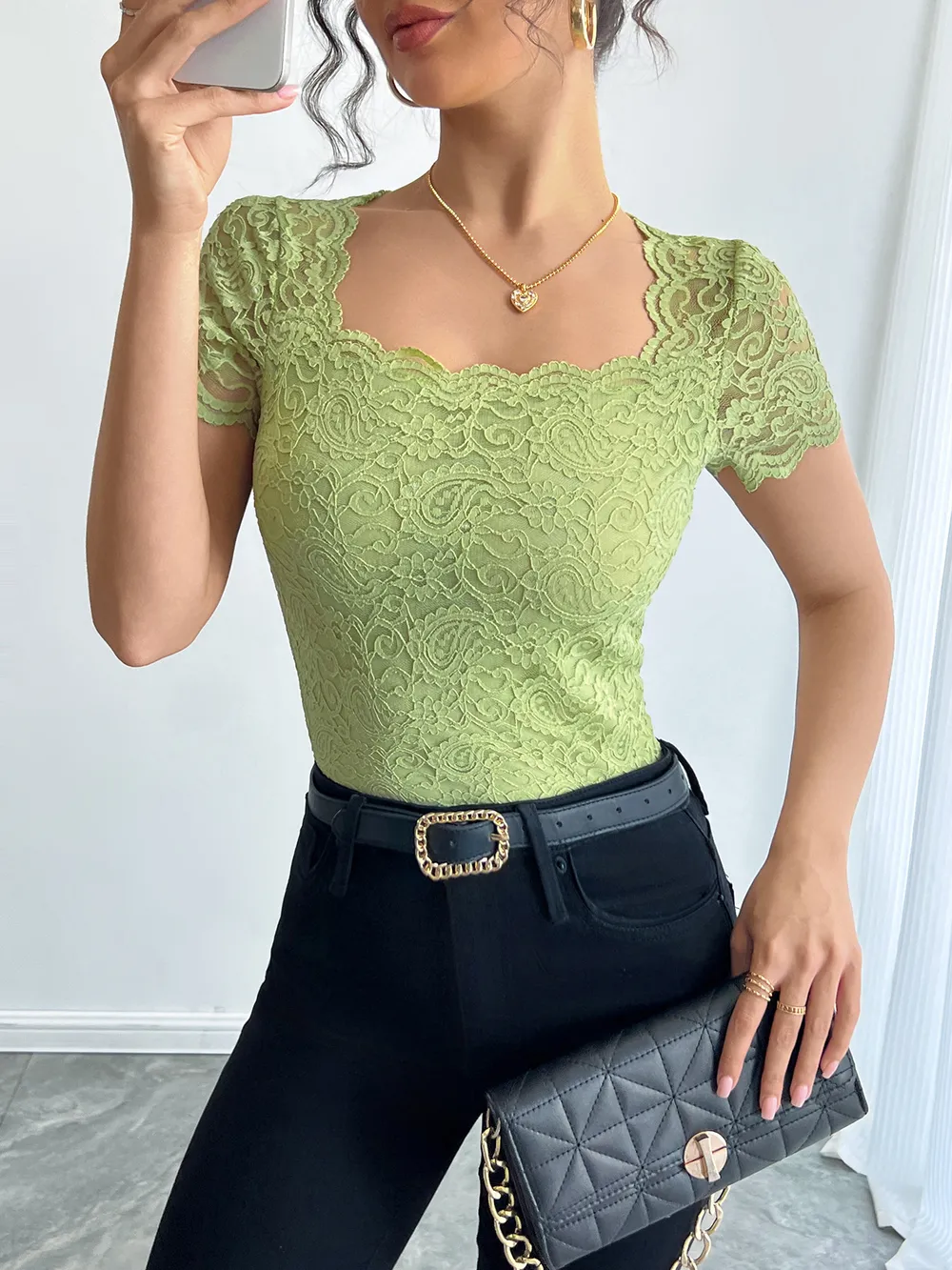 Floral Lace Square Neck T-Shirt, image 6