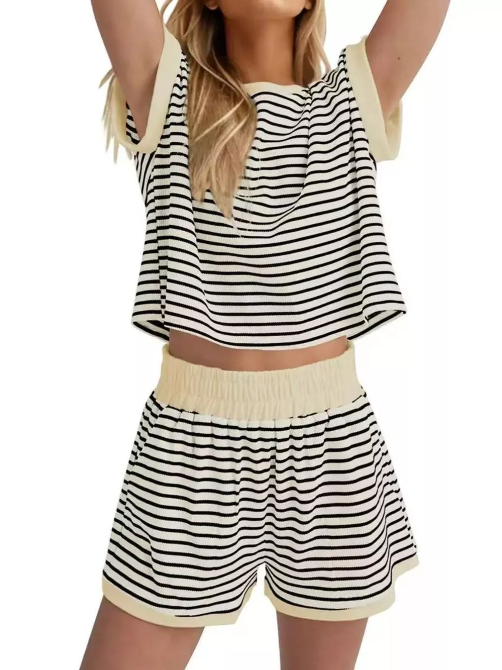 Full Size Striped Round Neck Top and Shorts Set Plus Size, image 4