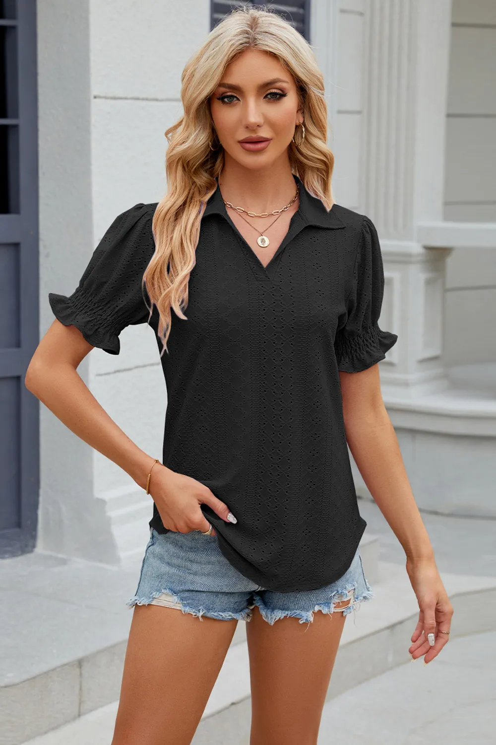 Eyelet Johnny Collar Short Sleeve Blouse, image 30
