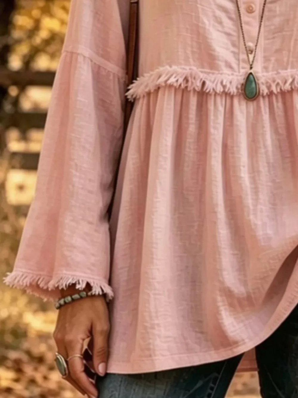 Full Size Fringed Button Detail Blouse Plus Size, image 2