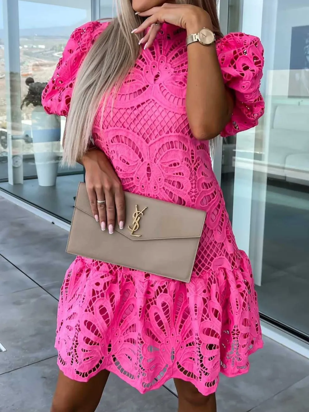 Lace Mock Neck Puff Sleeve Dress, image 3
