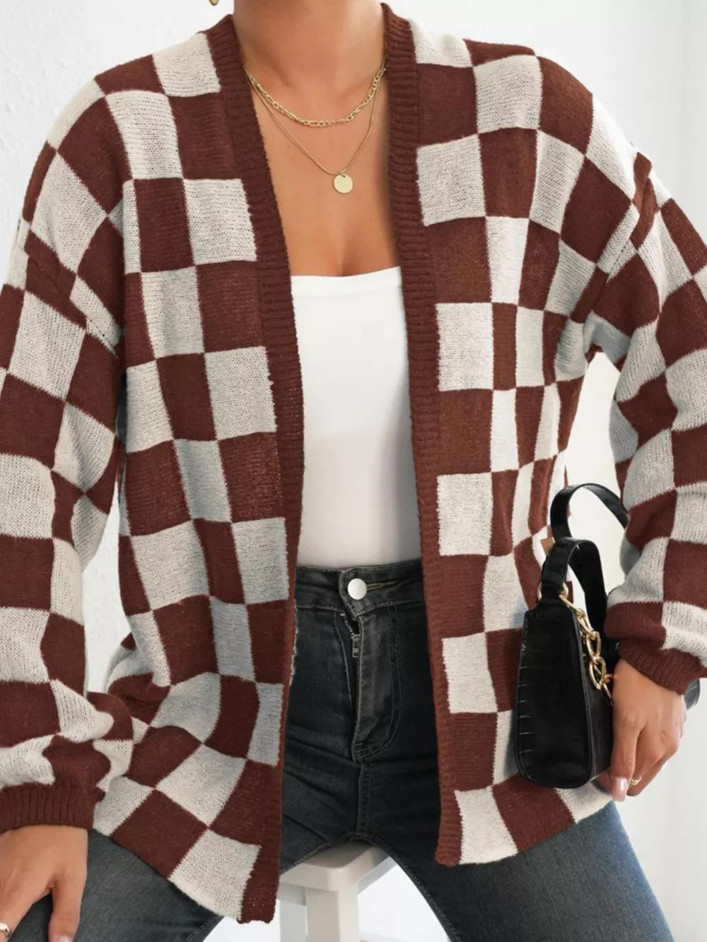 Checkerboard Pattern Open Front Knit Cardigan, image 2