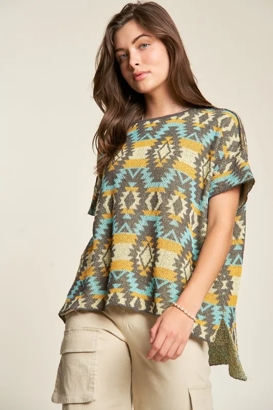 High-Low Geometric Round Neck Knit Top, image 2