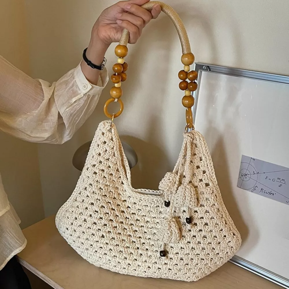 Crochet Knit Beaded Strap Shoulder Bag, image 4