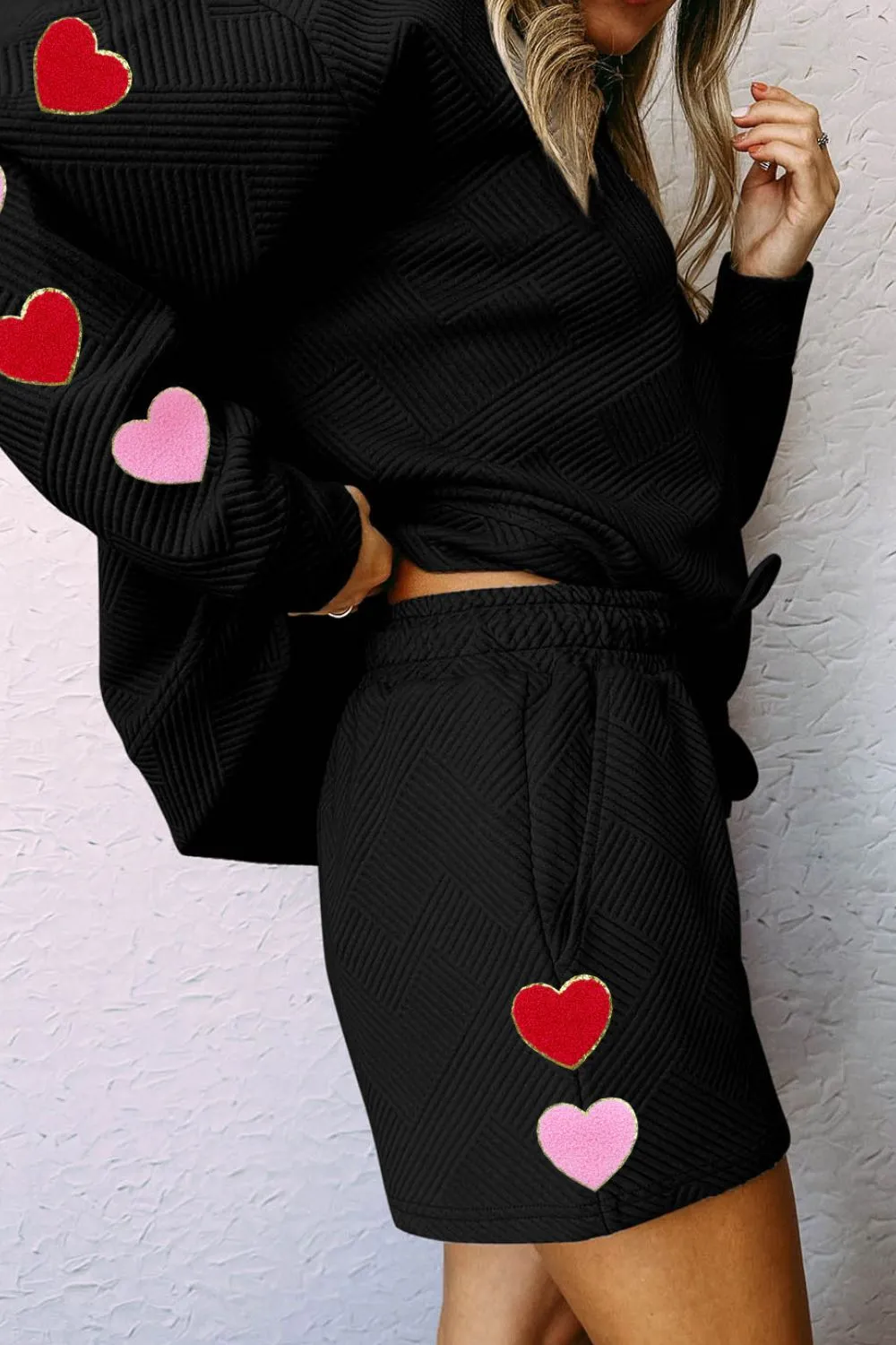 Heart Texture Round Neck Top and Drawstring Shorts Set, image 2