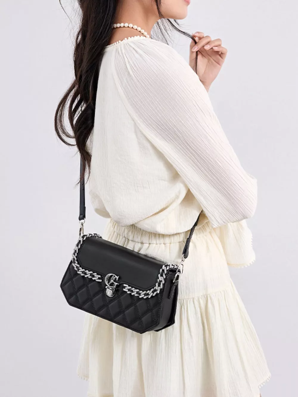 Quilted PU Leather Crossbody Bag with Rhinestone Decor, image 12