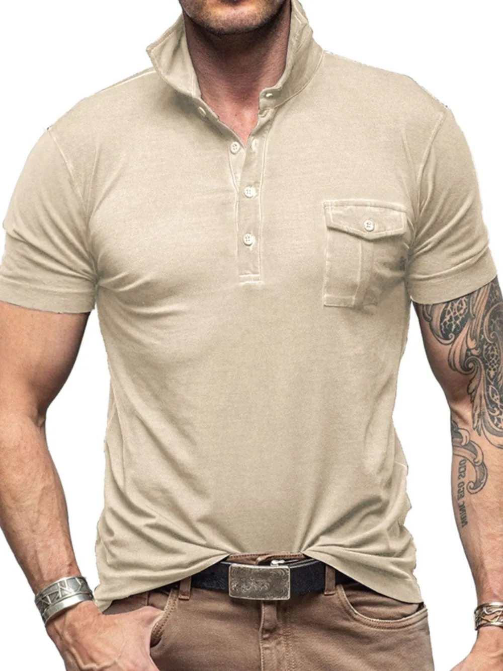 Men's Classic Pocket Polo Shirt with Stand Collar