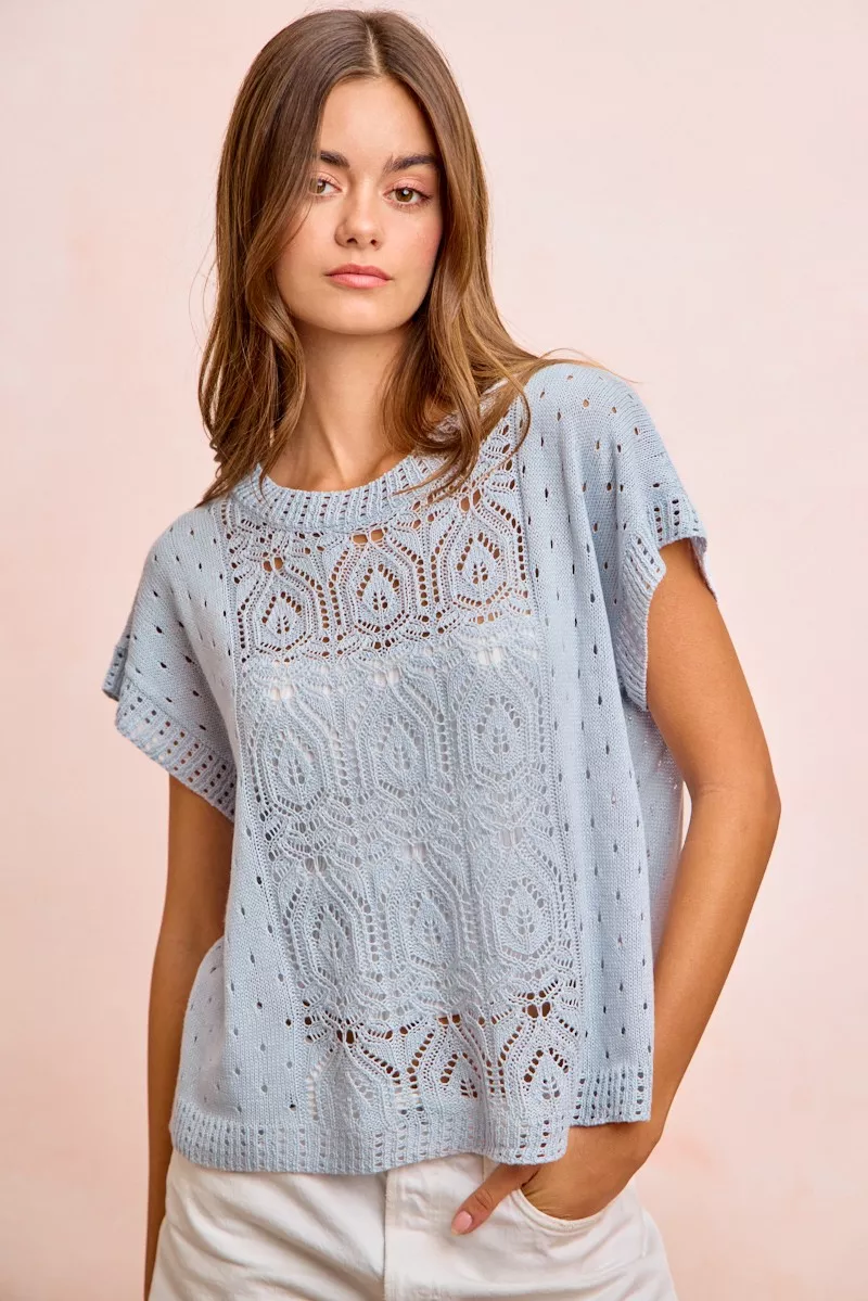 Washed Eyelet Short Sleeve Breathable Knit Top, image 3