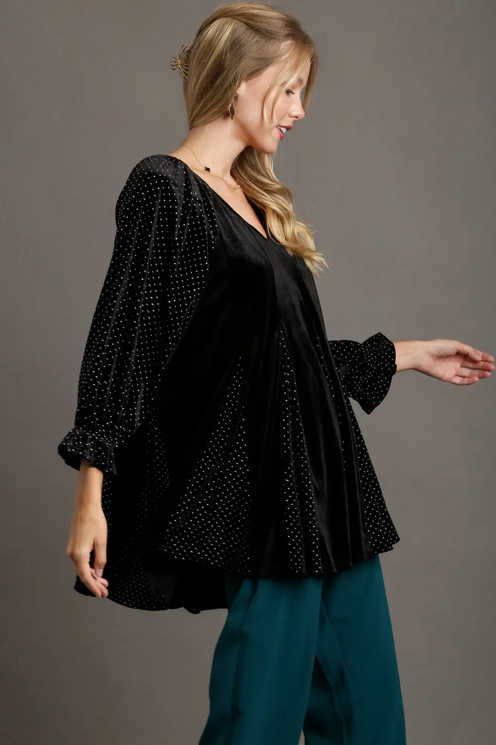 Godet Hem Polka Dot V-Neck Blouse, image 3