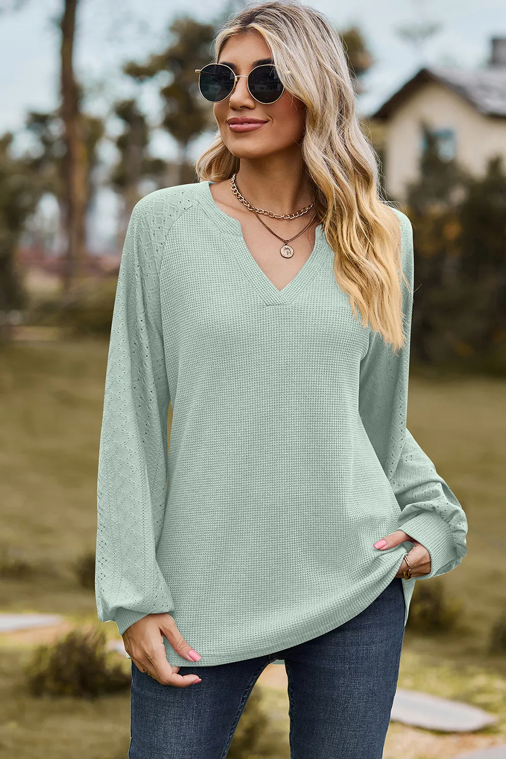 Eyelet Notched Raglan Sleeve T-Shirt, image 10