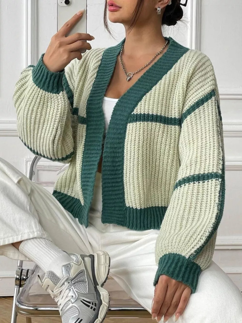 Color-Block Ribbed Knit Open-Front Cropped Cardigan, image 11
