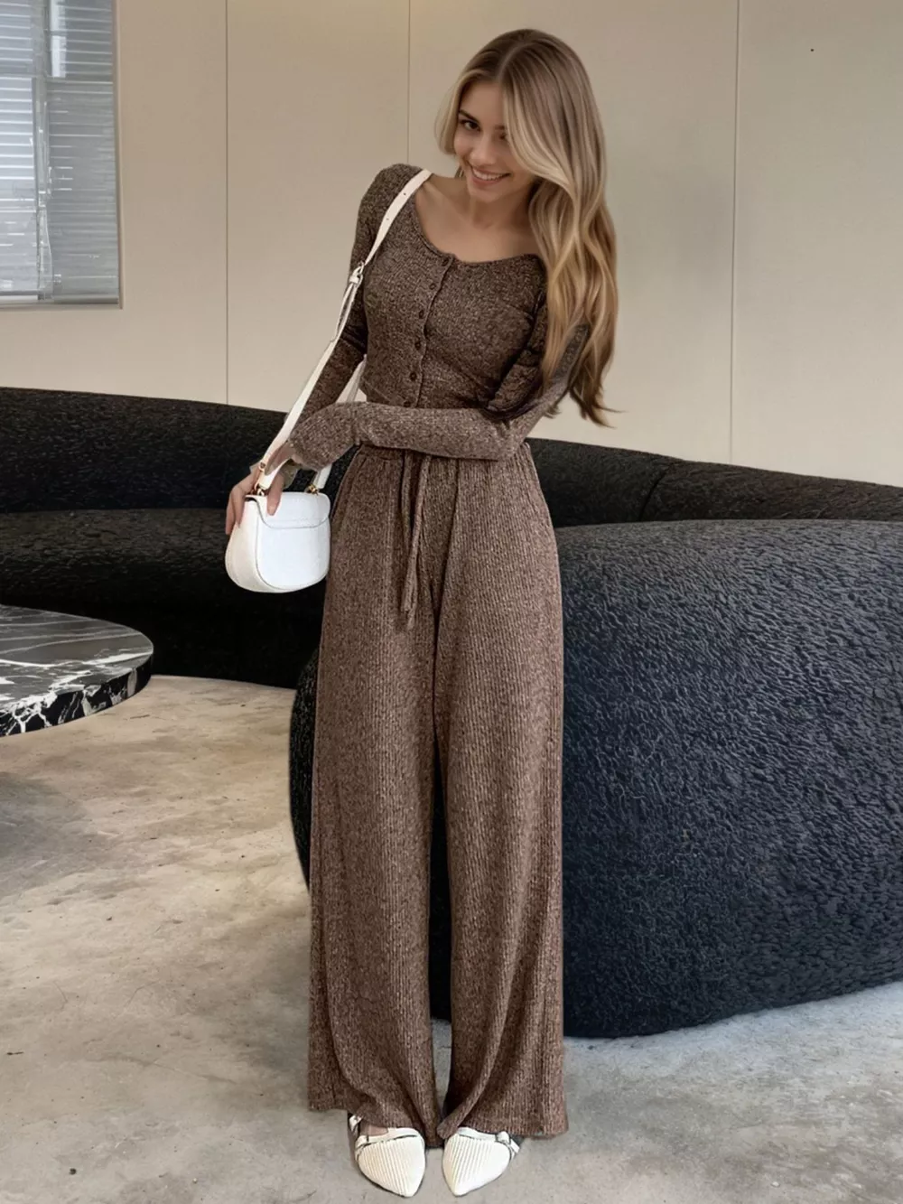 Casual Knit Long Sleeve Top and Wide Leg Pants Set, image 2