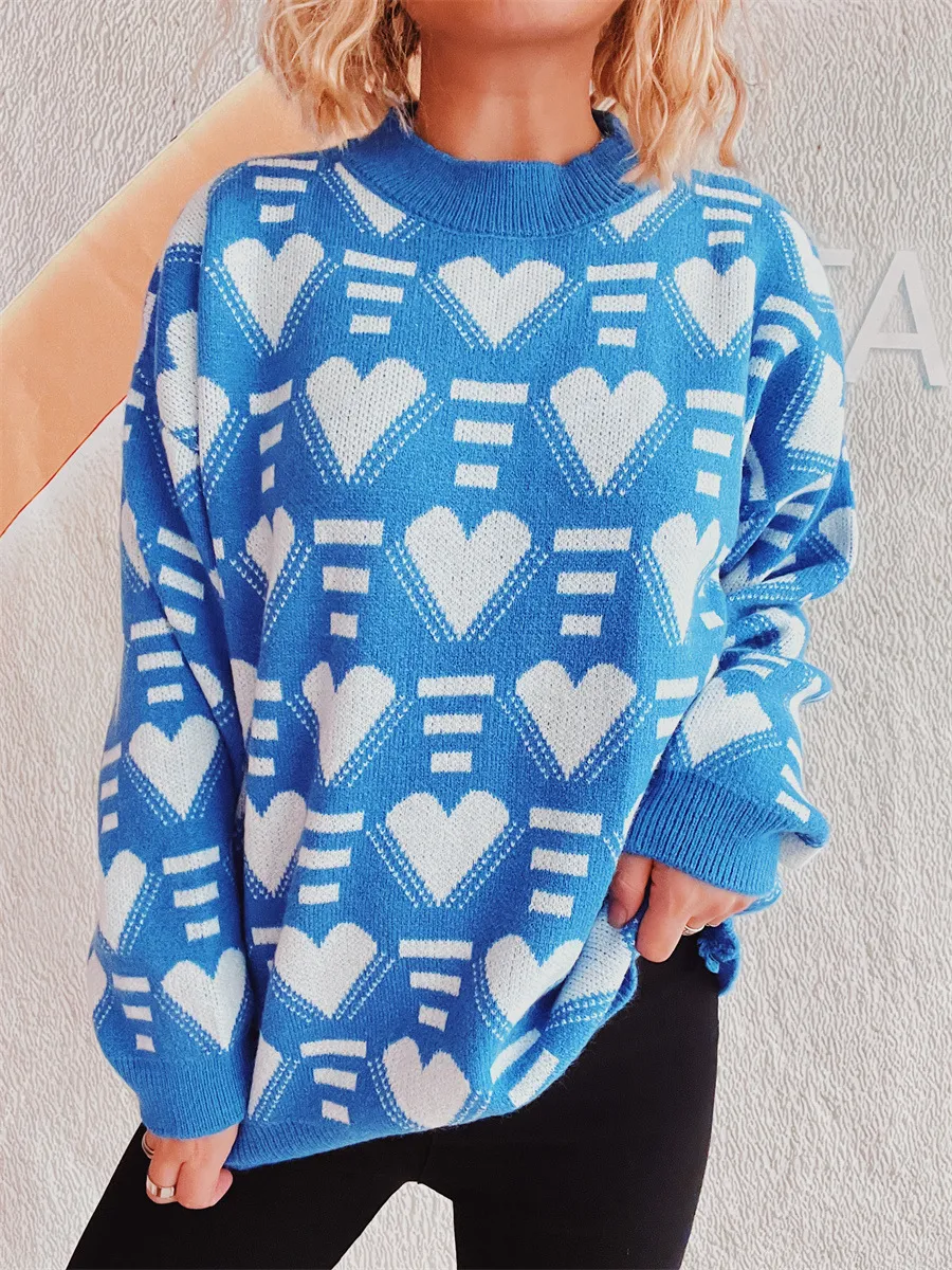Heart Contrast Long Sleeve Dropped Shoulder Sweater, image 21