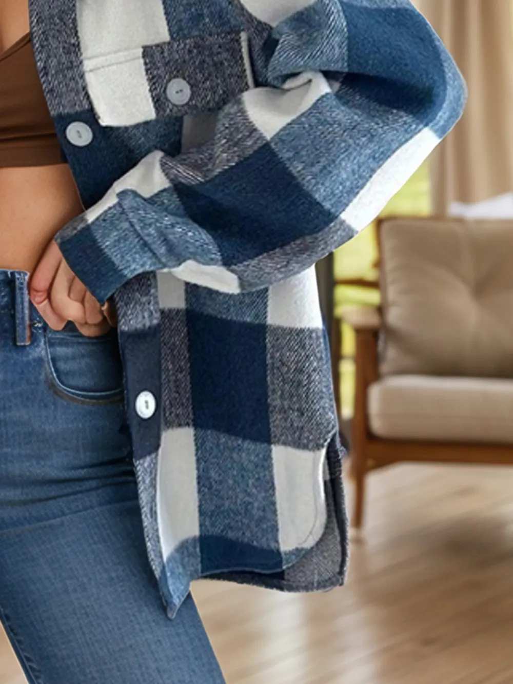 Plaid Button Up Long Sleeve Shacket, image 2
