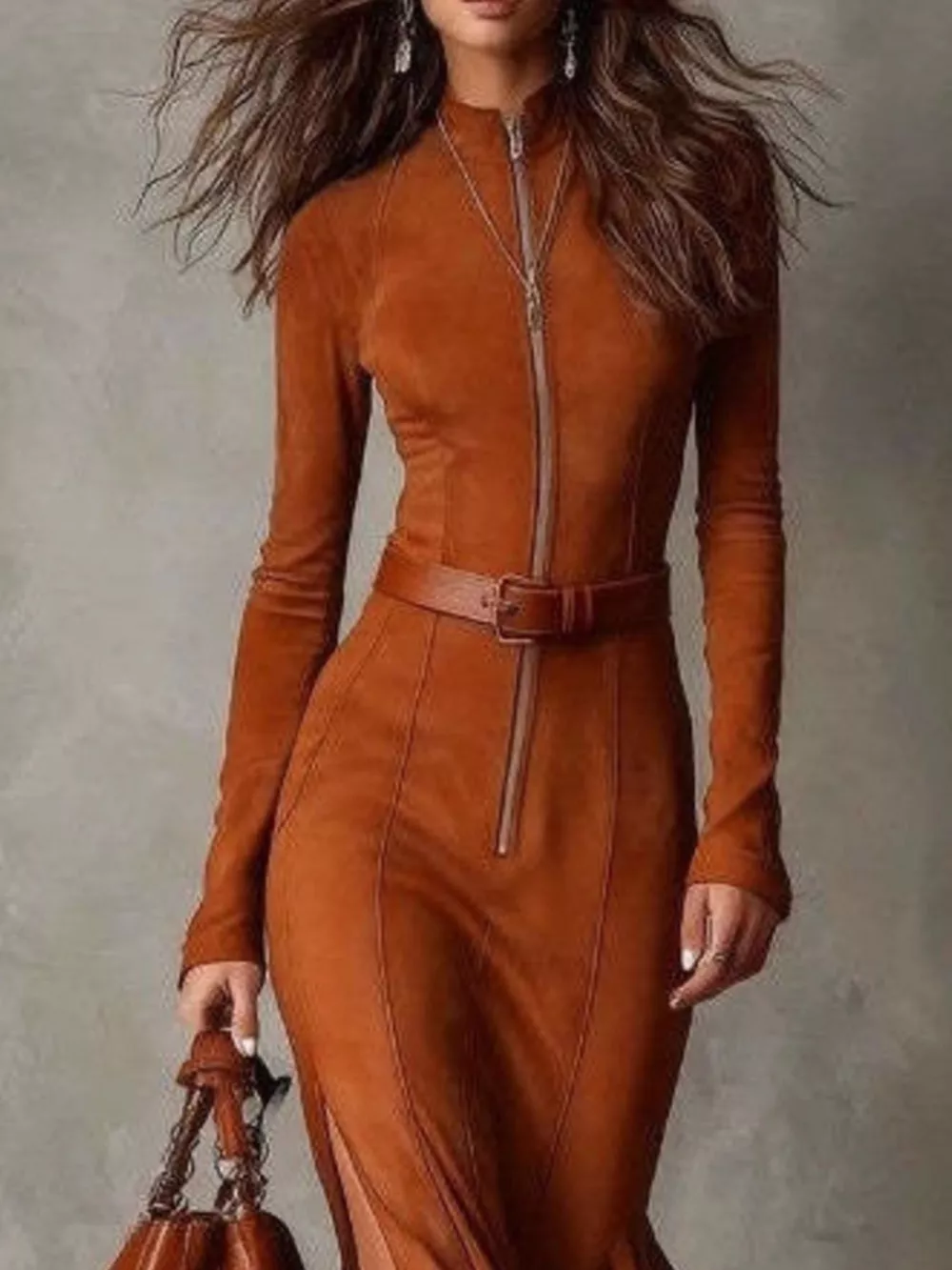 Full Size Slit Zip-Front Long Sleeve Maxi Dress with Belt Plus Size, image 9
