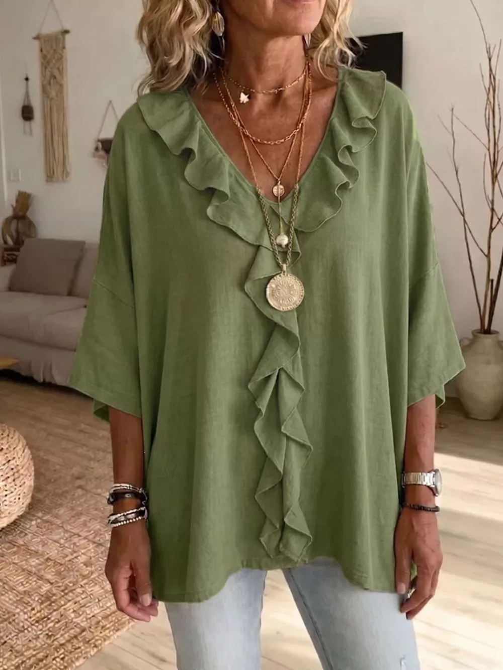 Full Size Ruffle V-Neck 3/4 Sleeve Blouse Plus Size, image 3
