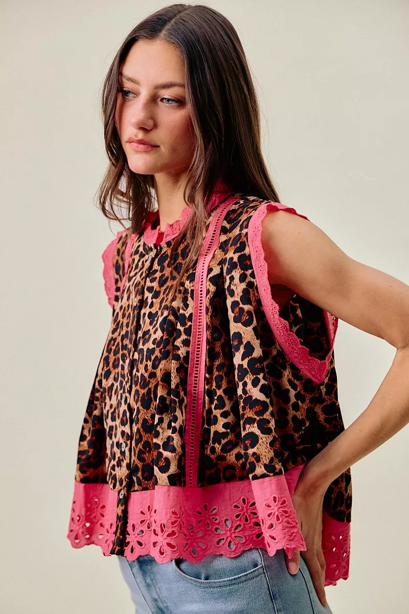 Leopard Button Up Pleated Sleeveless Blouse, image 4