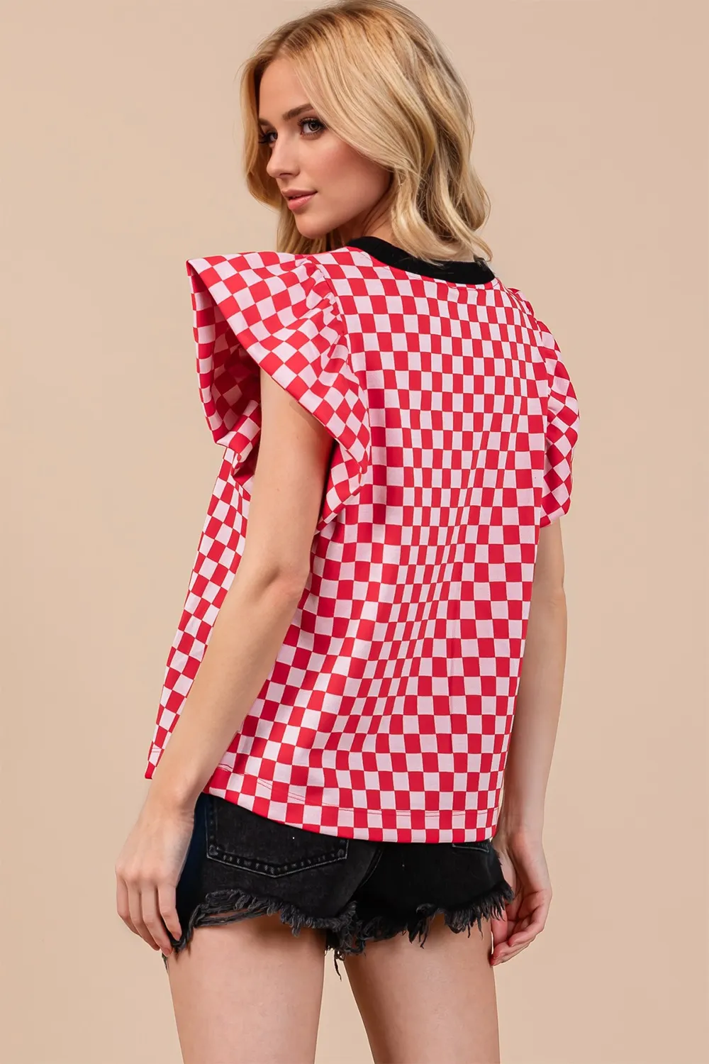 Checkered Round Neck Puff Sleeve Blouse, image 2