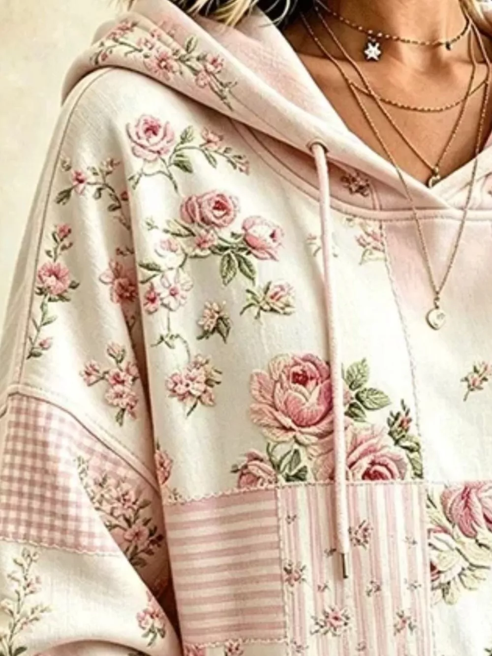 Full Size Drawstring Floral Dropped Shoulder Hoodie Plus Size, image 2