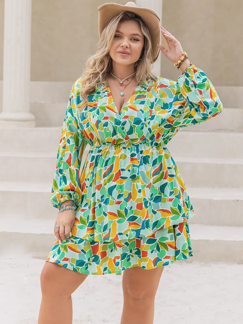 Plus Size Printed Surplice Long Sleeve Mini Dress, image 5