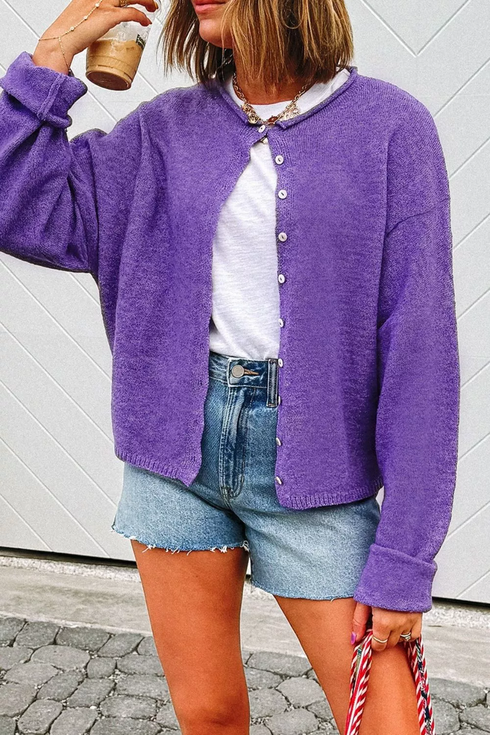 Round Neck Button-Down Knit Cardigan, image 2