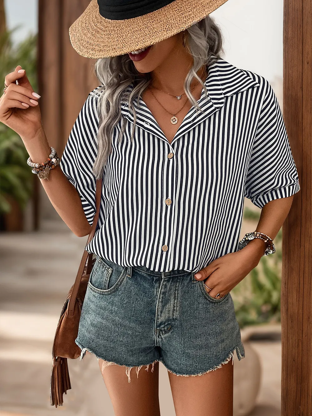 Striped Collared Neck Half Sleeve Shirt, image 3