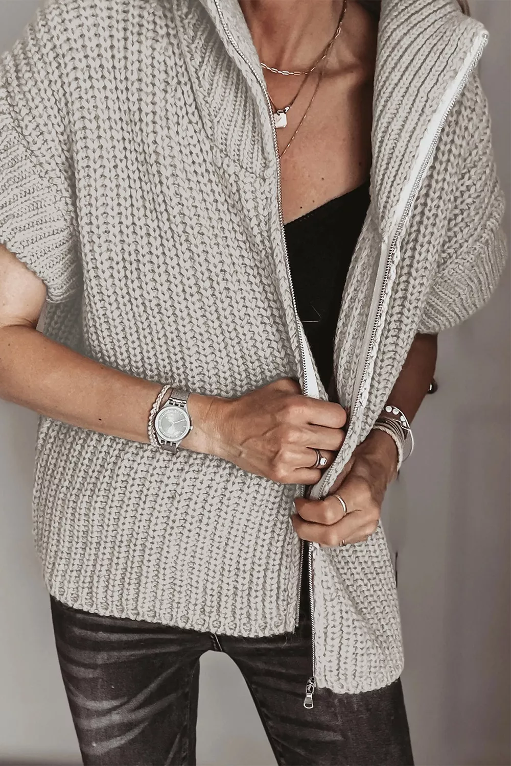 Solid Color Short Sleeve Zipper Knit High Neck Sweater, image 3