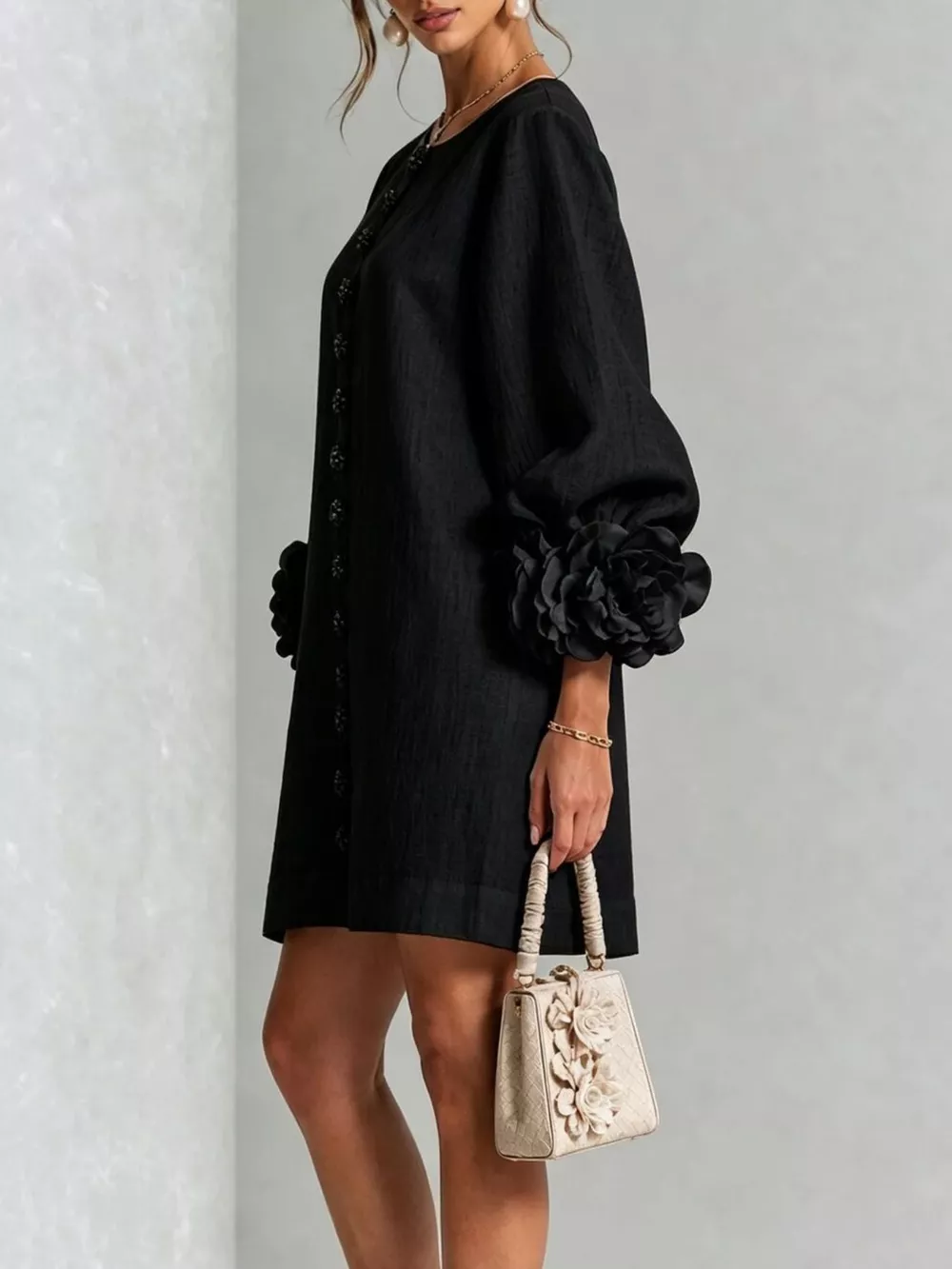 3D Floral 3/4 Sleeve Mini Dress, image 5