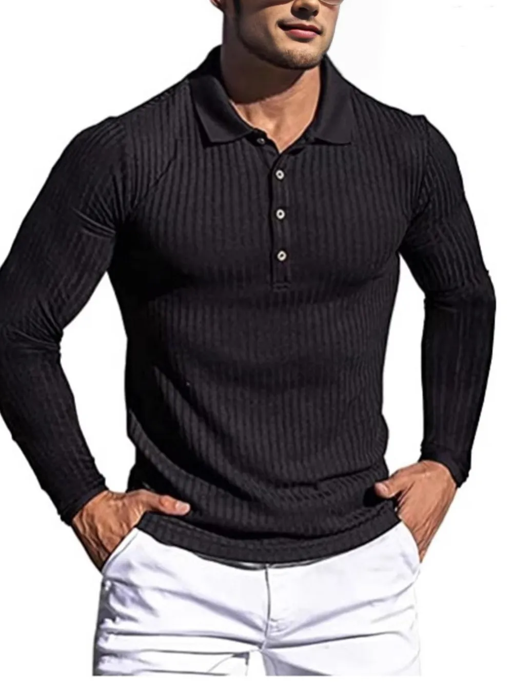 Men's Full Size Button Detail Long Sleeve Polo Plus Size