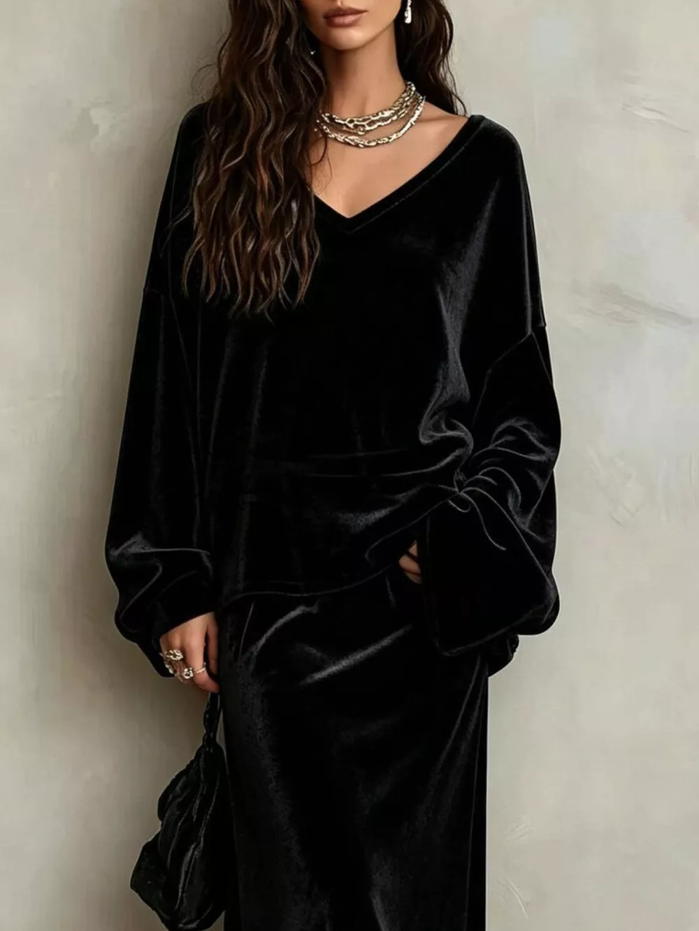 V-Neck Velvet Long Sleeve Top and Maxi Skirt Two-Piece Set, image 8
