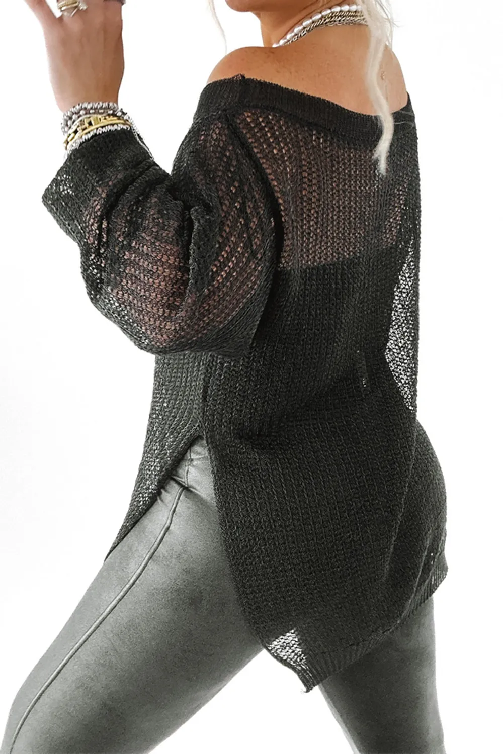 Side Slit Long Sleeve Knit Cover Up, image 12