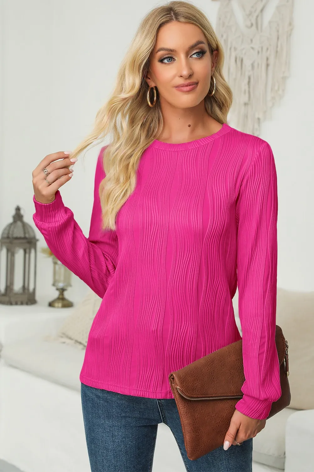 Textured Round Neck Long Sleeve Blouse, image 7