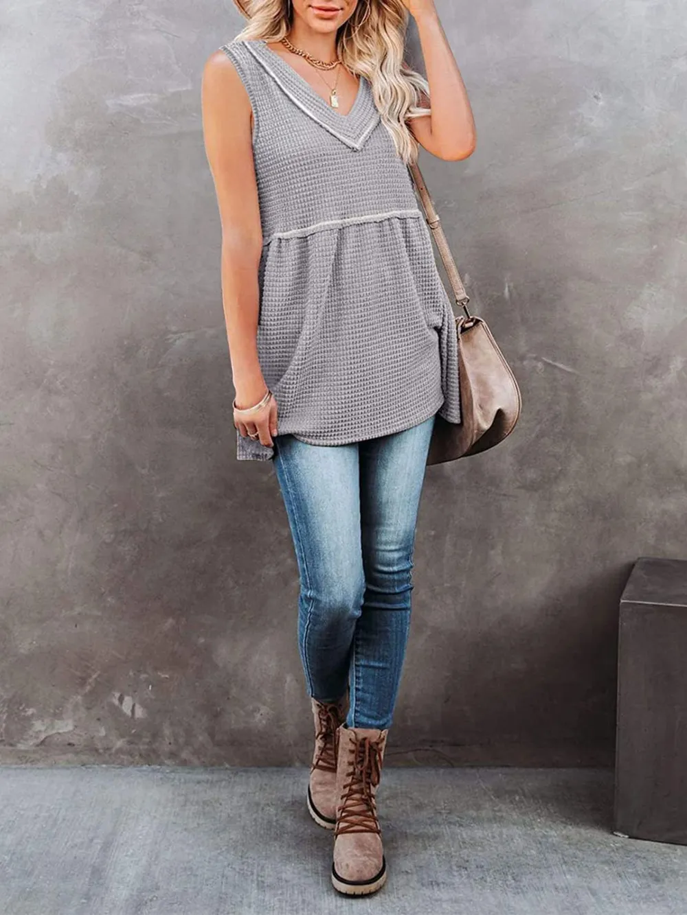 V-Neck Waffle Knit Tank Top with Contrast Stitching, image 11