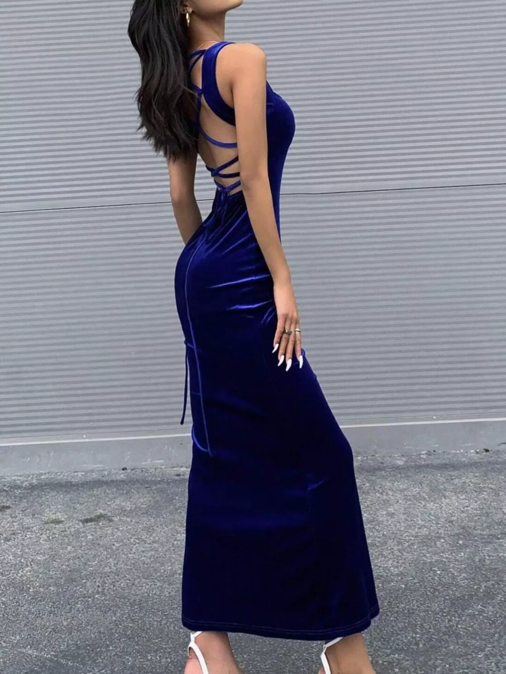 Backless Velvet Bodycon Maxi Dress with Back Lace Up, image 6