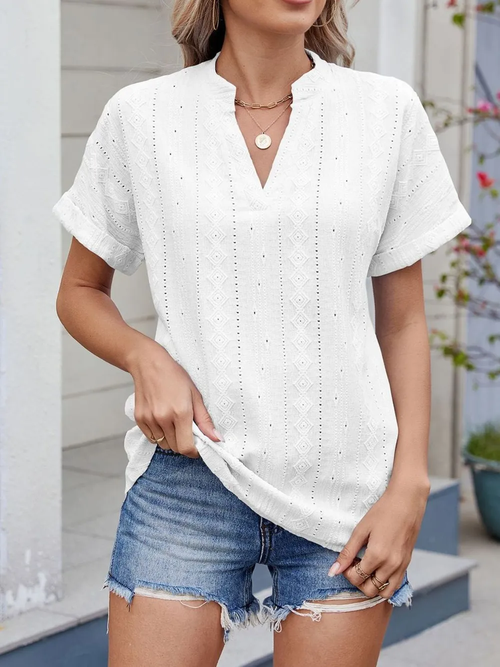 Eyelet Notched Short Sleeve Top, image 10