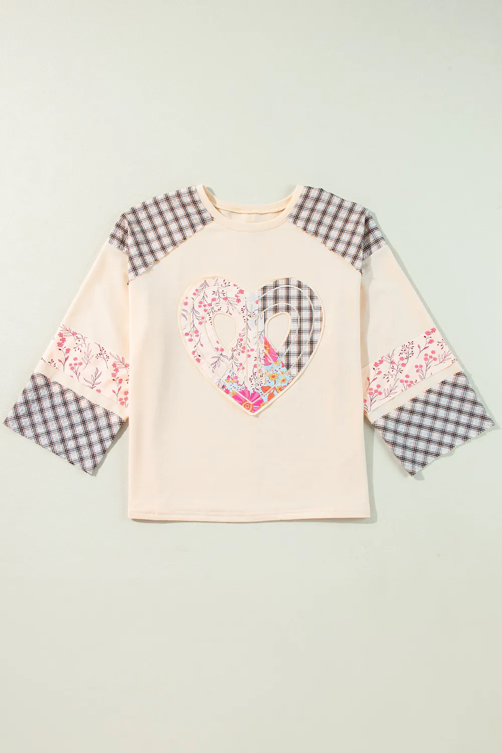 Heart Plaid Round Neck Long Sleeve Blouse, image 3