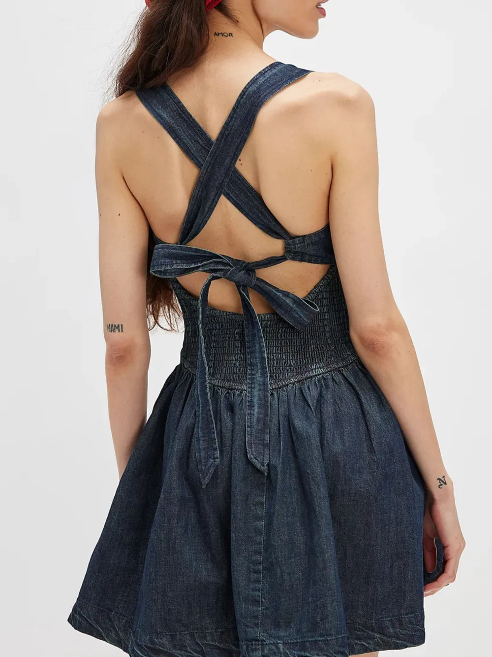 Smocked Crisscross Back Denim Mini Dress, image 7