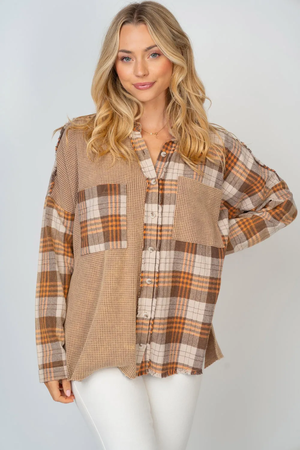 Full Size Contrast Plaid Button Down Shirt, image 5