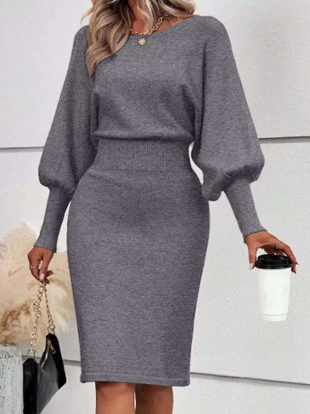 Lantern Sleeve Bodycon Sweater Dress, image 12