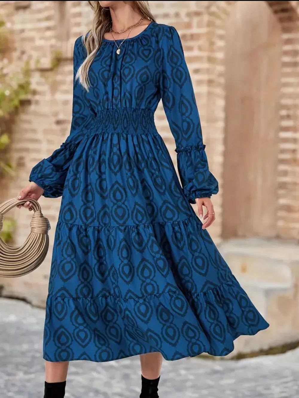 Smocked Round Neck Balloon Sleeve Midi Dress, image 3