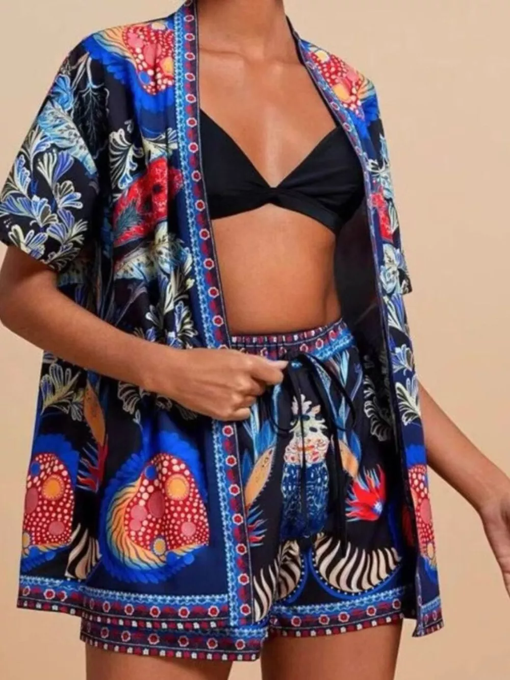 Printed Open Front Cardigan and Shorts Set, image 2