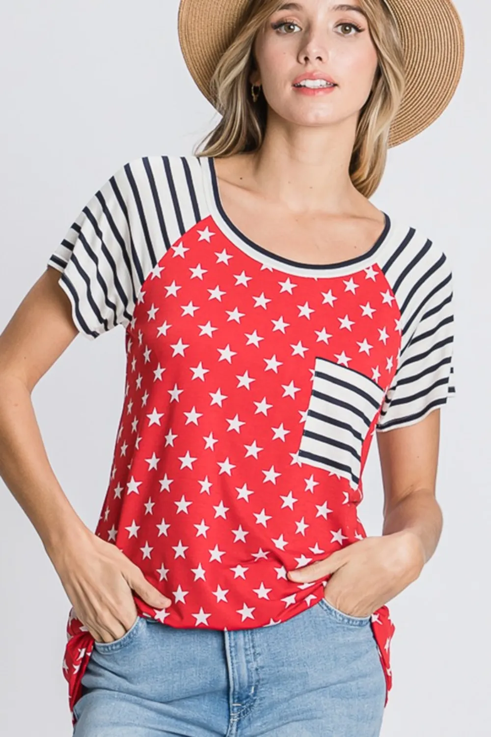 Full Size Star & Striped Round Neck Short Sleeve T-Shirt Plus Size